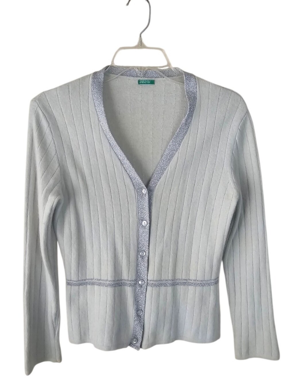 United Colors Of Benetton Mint Ribbed V-Neck Cardigan with Silver Trim